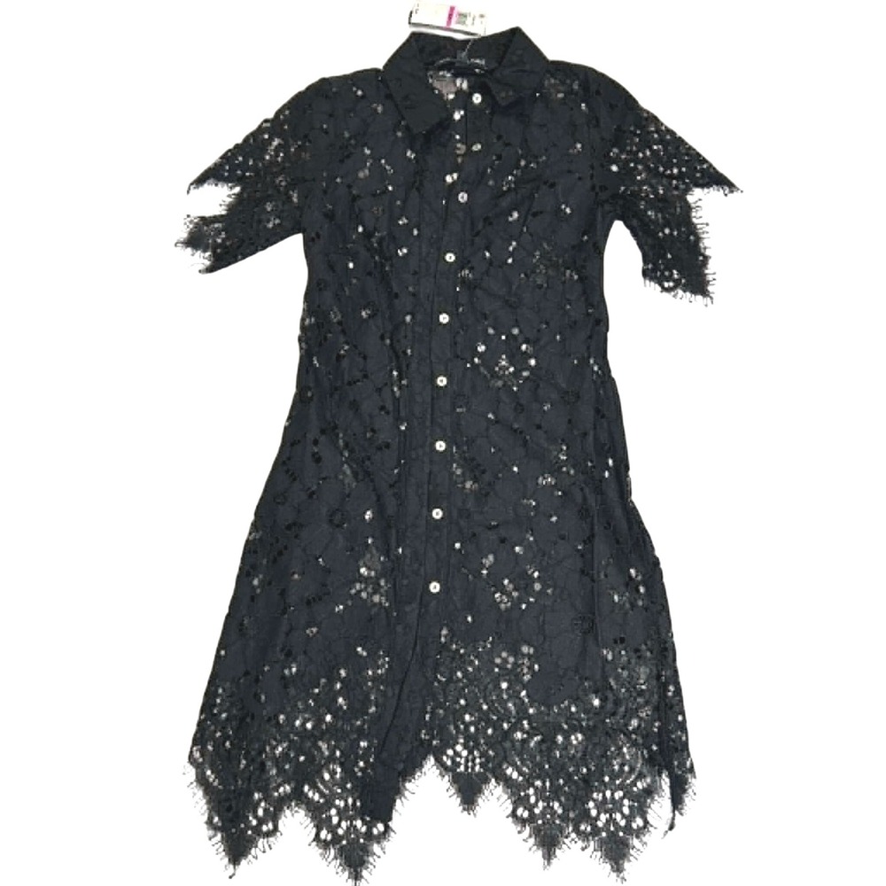 Fourteenth Place Black Floral Lace Button Down Dress Handkerchief Hem XXS New